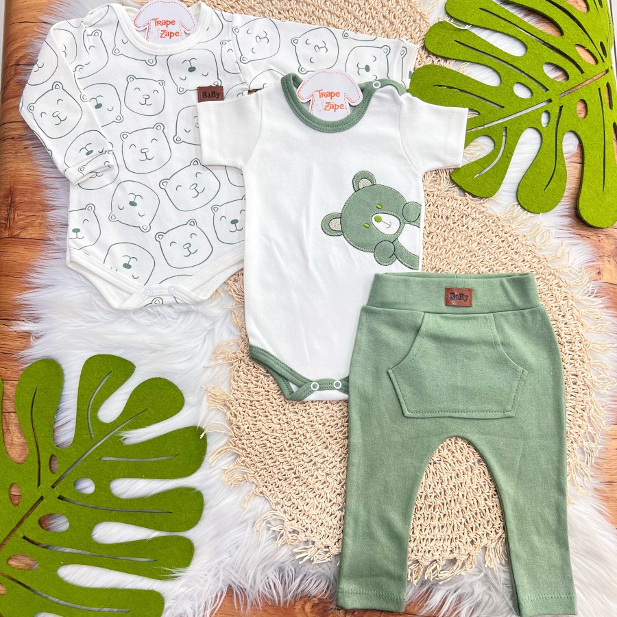  CONJ. DE MALHA 3 PEÇAS - Bear - Verde e Off White